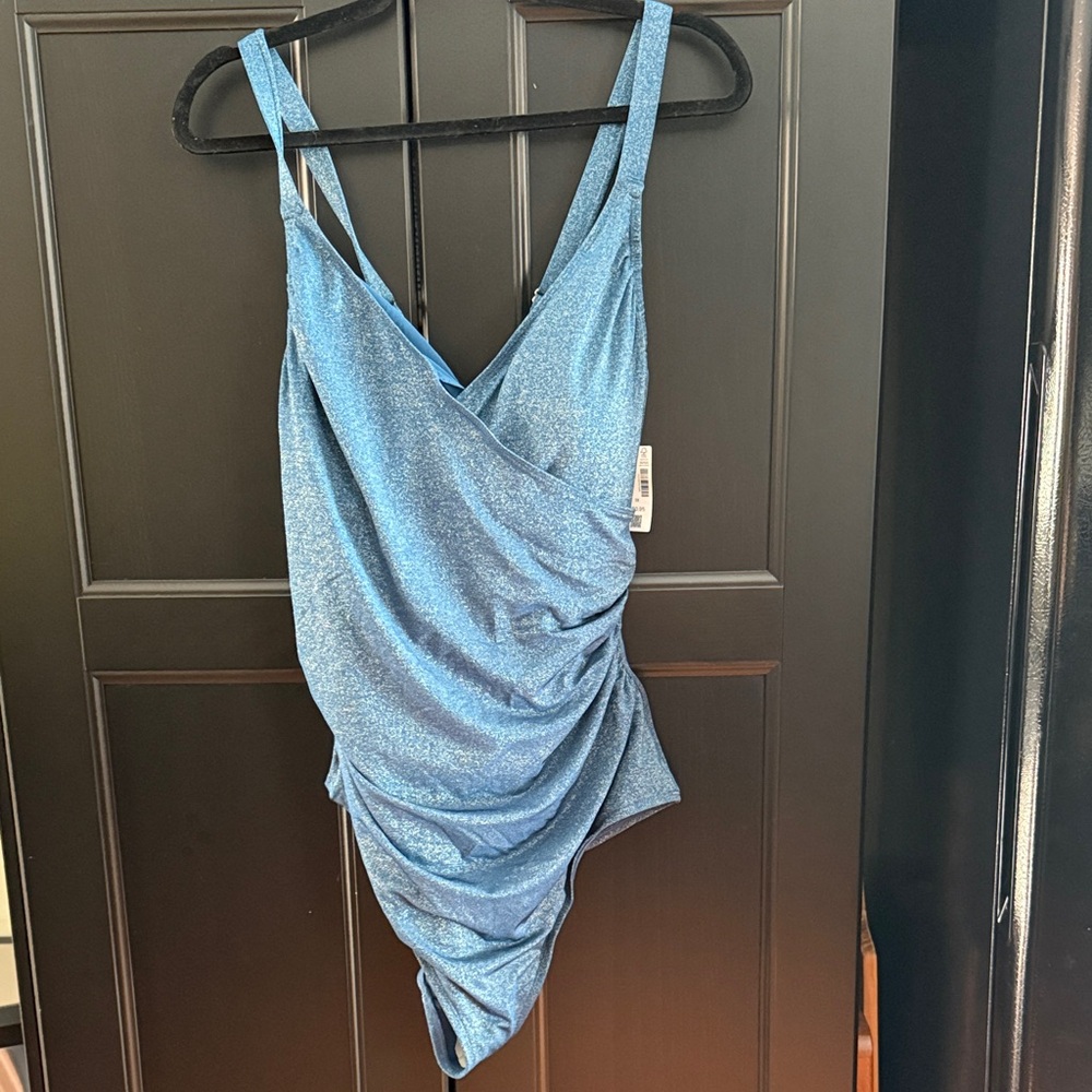 Penningtons Shimmering Blue Draped One Piece Swimsuit